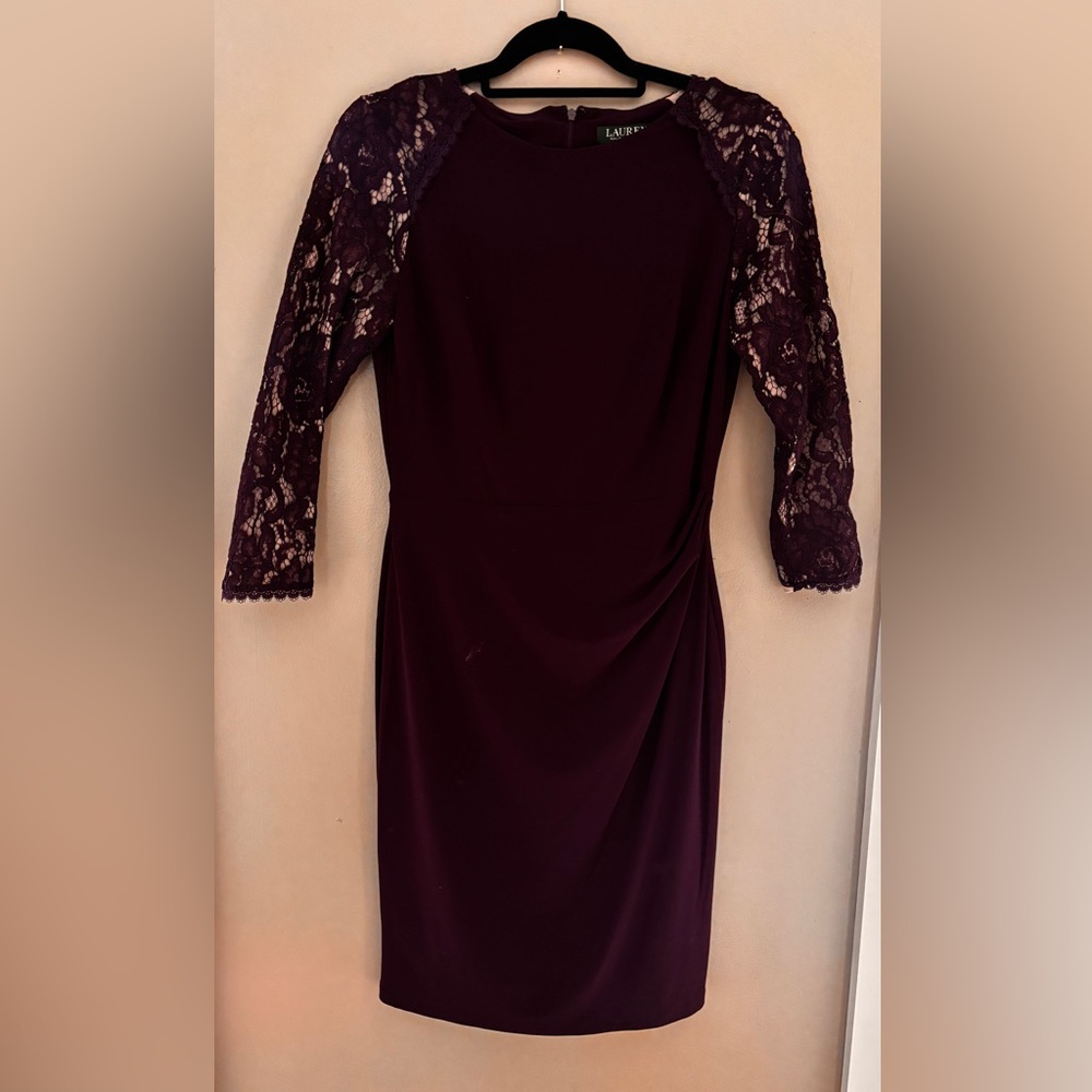 Ralph Lauren deep purple Sheath Dress with Ruched Design and 3/4 Raglan Sleeves